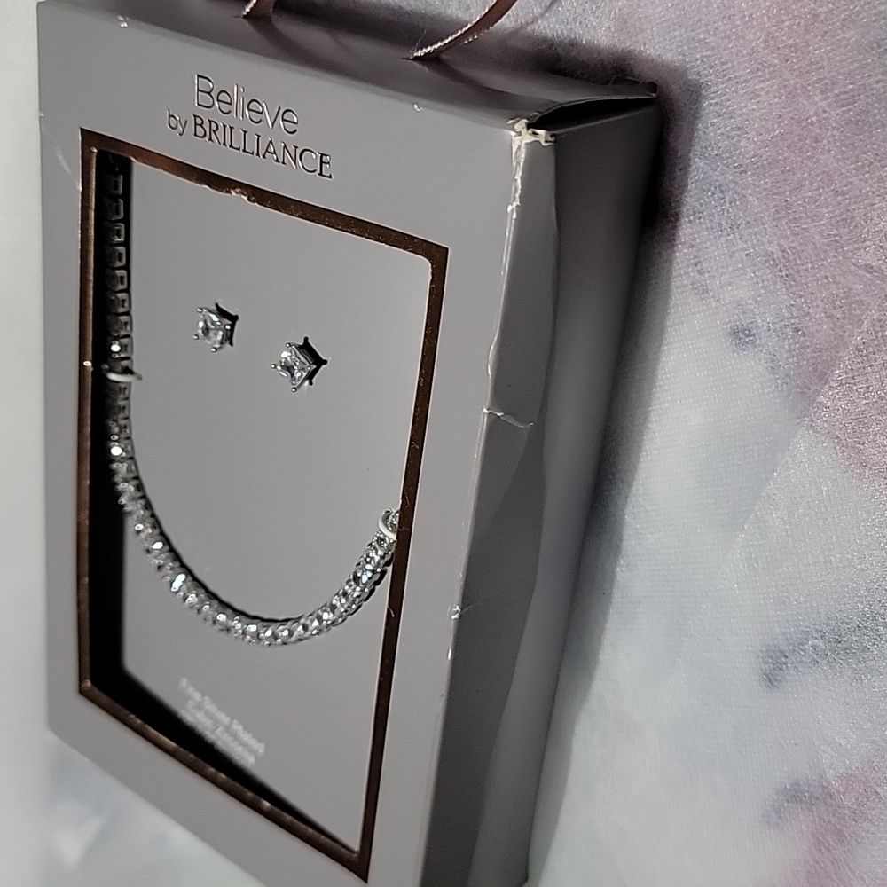 New Believe by Brilliance Necklace & Earring Set Tennis Studs Silver Plated CZ - Picture 11 of 11